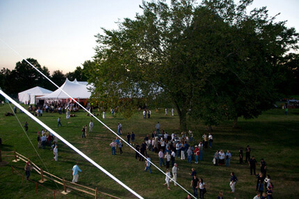 People in a field with large tree and white event tents in the background